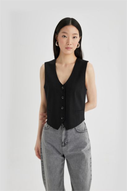 V Yaka Keten Karışımlı Yelek