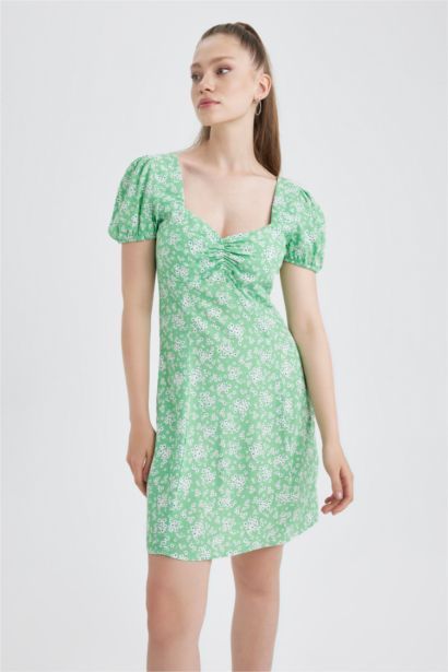 Heart Collar Floral Balloon Sleeves Mini Dress