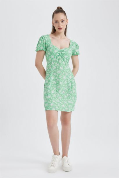 Heart Collar Floral Balloon Sleeves Mini Dress