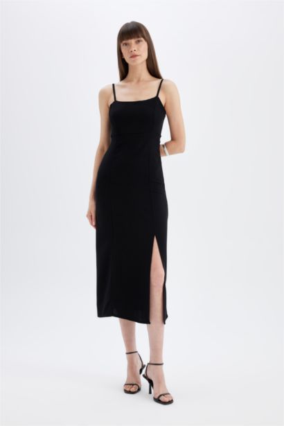 Kare Yaka Keten Karışımlı Yırtmaçlı Askılı Midi Abiye Elbise