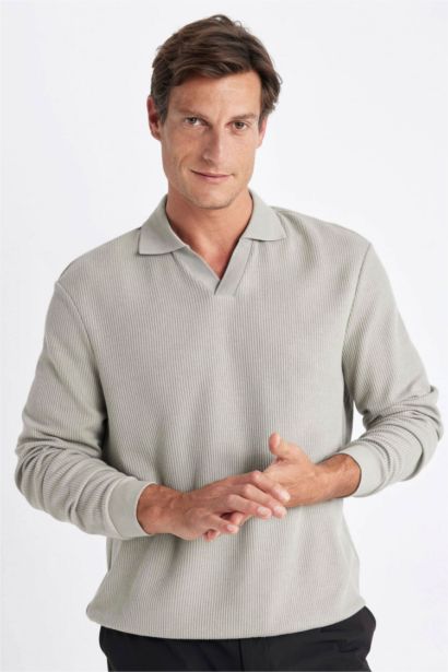 Açık Haki Regular Fit Polo Yaka Jakarlı Triko Sweatshirt