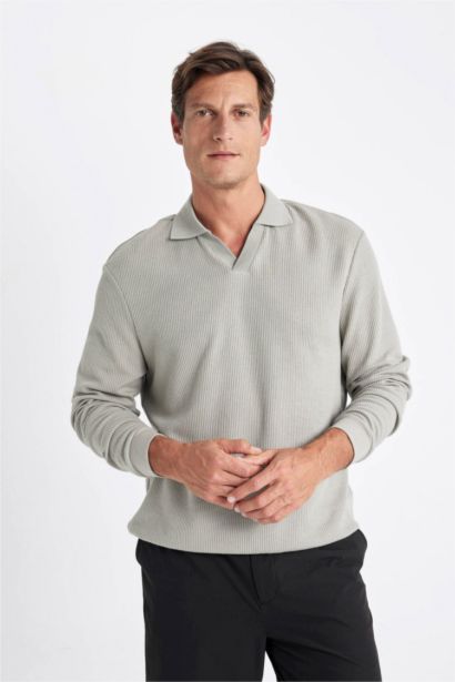 Açık Haki Regular Fit Polo Yaka Jakarlı Triko Sweatshirt