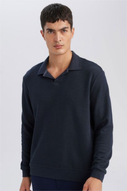 Regular Fit Polo Yaka Jakarlı Triko Sweatshirt