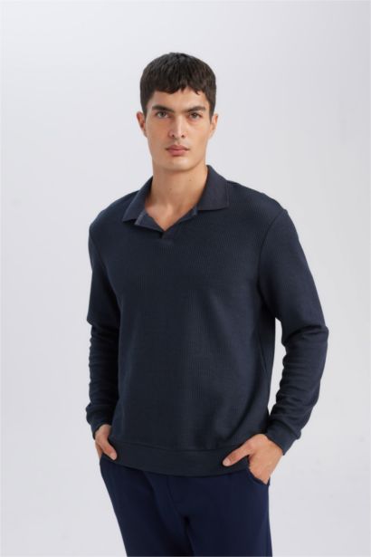 Regular Fit Polo Yaka Jakarlı Triko Sweatshirt