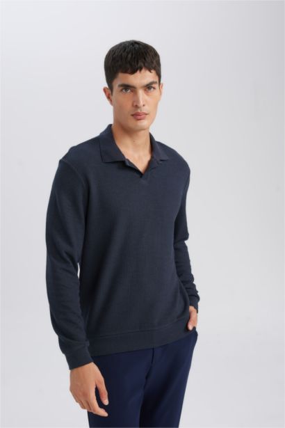 Regular Fit Polo Yaka Jakarlı Triko Sweatshirt