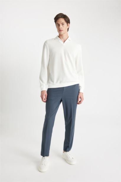 Regular Fit Polo Yaka Jakarlı Triko Sweatshirt