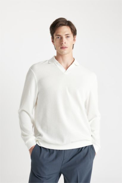 Regular Fit Polo Yaka Jakarlı Triko Sweatshirt