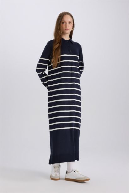 Regular Fit Polo Yaka Çizgili Maxi Triko Elbise