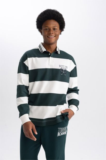 DeFactoFit Boxy Fit Striped Long Sleeve Polo Shirt