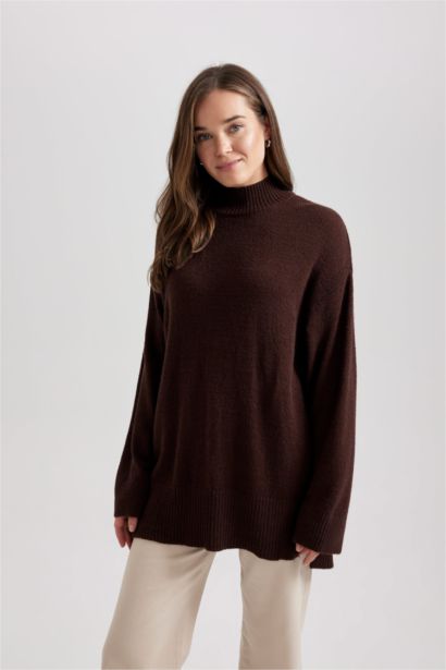 Regular Fit Stand Collar Basic Knitted Pullover Tunic
