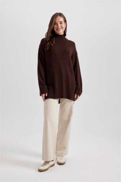 Regular Fit Stand Collar Basic Knitted Pullover Tunic