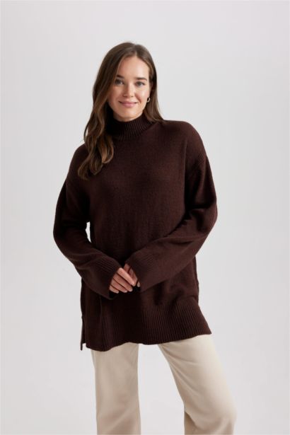 Regular Fit Stand Collar Basic Knitted Pullover Tunic