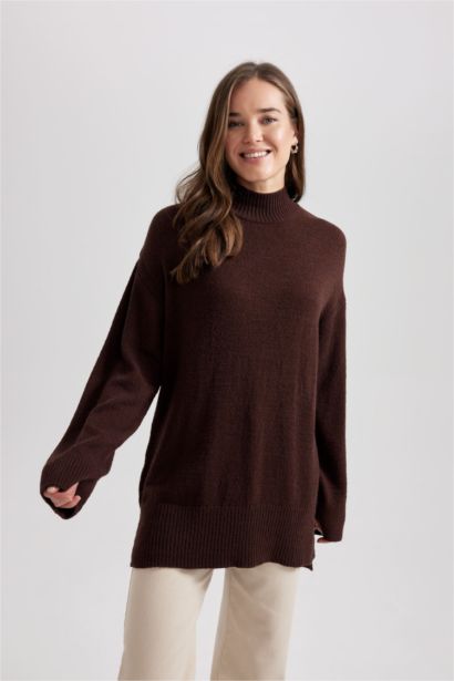 Regular Fit Stand Collar Basic Knitted Pullover Tunic