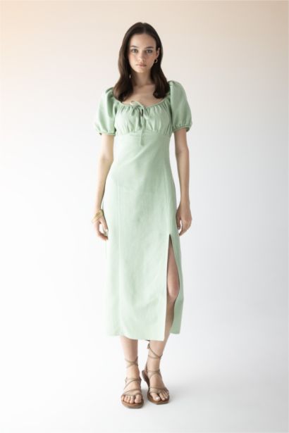 Robe Midi en Lin à Manches Courtes encolure Froncée et Fendue Sur Les Épaules