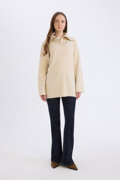 Regular Fit Fermuarlı Dik Yaka Triko Kazak Tunik