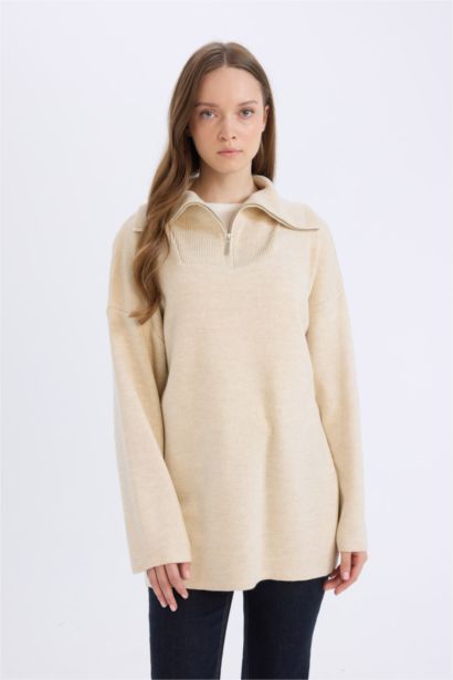 Regular Fit Fermuarlı Dik Yaka Triko Kazak Tunik