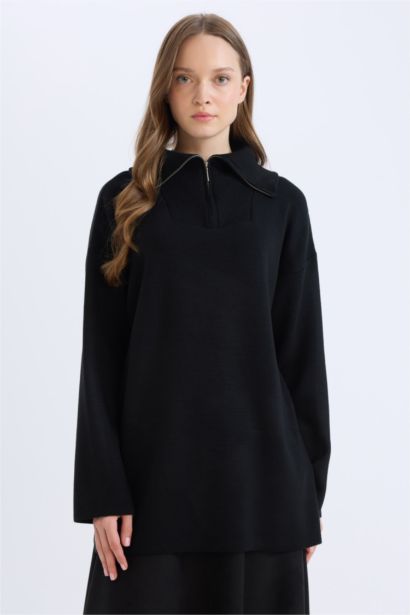 Regular Fit Fermuarlı Dik Yaka Triko Kazak Tunik