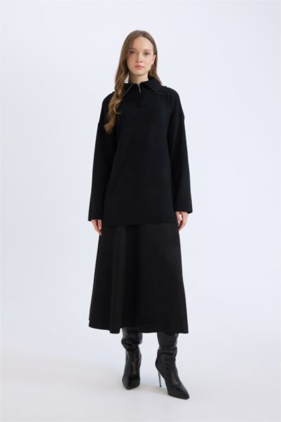 Regular Fit Fermuarlı Dik Yaka Triko Kazak Tunik