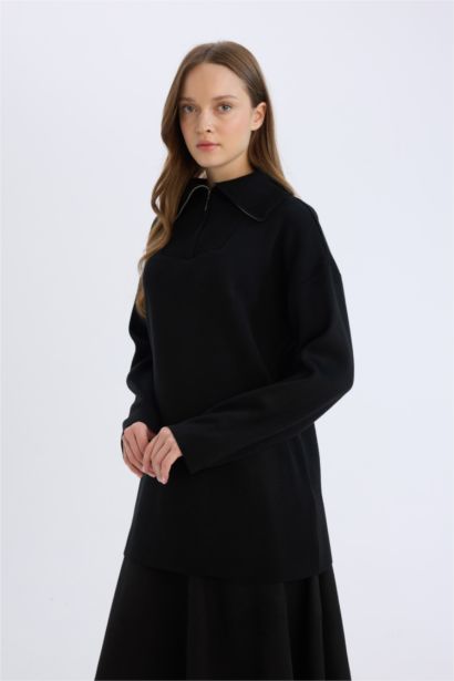 Regular Fit Fermuarlı Dik Yaka Triko Kazak Tunik