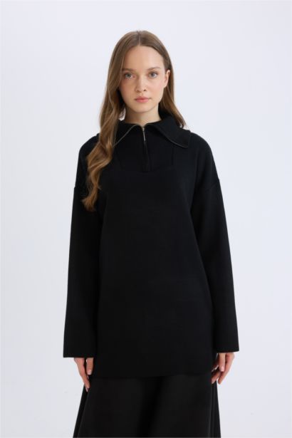 Regular Fit Fermuarlı Dik Yaka Triko Kazak Tunik