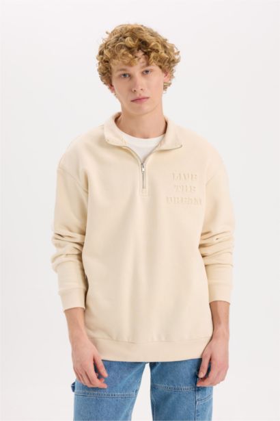 Comfort Regular Fit Rahat Kalıp Dik Yaka Fermuarlı Baskılı Sweatshirt