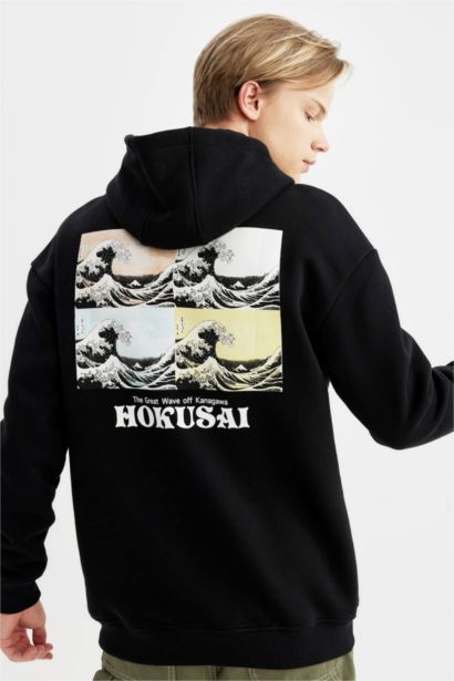 Art Hokusai Boxy Fit Kapüşonlu Sırt Baskılı Sweatshirt