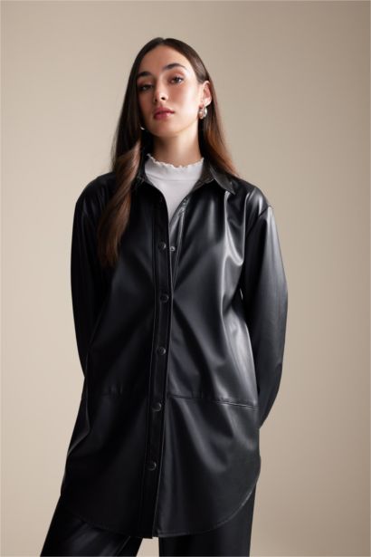 Relax Fit Faux Leather Shirt Collar Long Sleeve Tunic