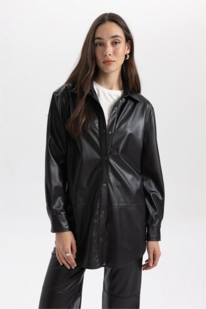 Relax Fit Faux Leather Shirt Collar Long Sleeve Tunic