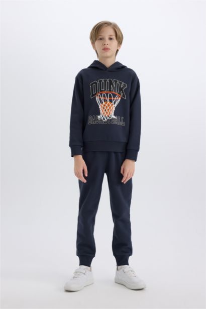 Erkek Çocuk 2'li Takım Kapüşonlu Baskılı Sweatshirt Beli Paçası Lastikli Eşofman Altı