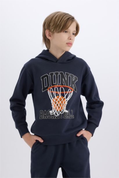 Erkek Çocuk 2'li Takım Kapüşonlu Baskılı Sweatshirt Beli Paçası Lastikli Eşofman Altı