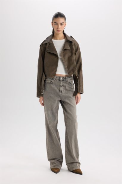 Relax Fit Kruvaze Yaka Kemerli Fermuarlı Suni Deri Ceket Mont