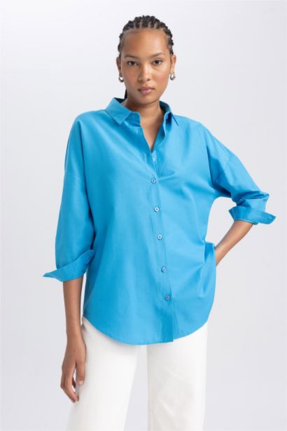 Oversize Fit Poplin Shirt Collar Long Sleeve Tunic