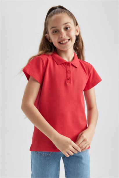 Pamuklu Kısa Kollu Basic Düz Polo Tişört Kız Çocuk