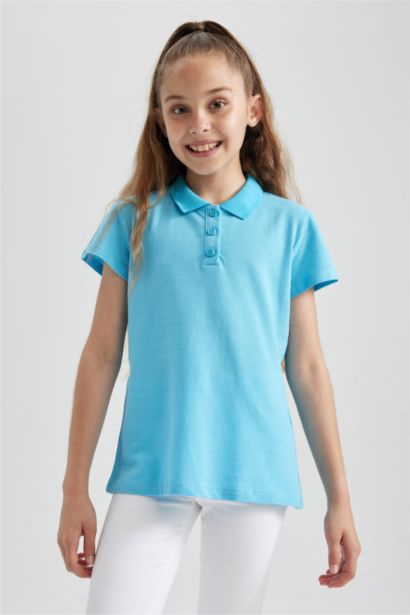 Pamuklu Kısa Kollu Basic Düz Polo Tişört Kız Çocuk