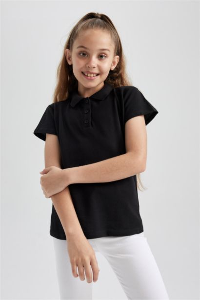 Pamuklu Kısa Kollu Basic Düz Polo Tişört Kız Çocuk