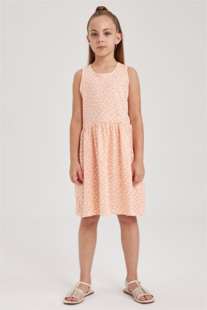 Desenli Pamuklu Kolsuz Elbise Kız Çocuk
