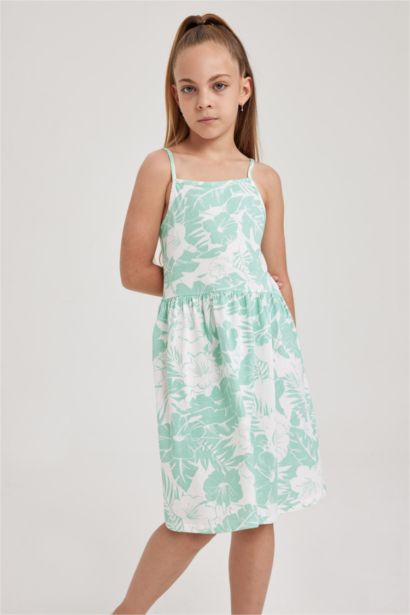 Desenli Pamuklu Askılı Elbise Kız Çocuk