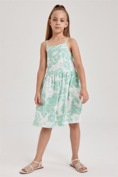 Desenli Pamuklu Askılı Elbise Kız Çocuk