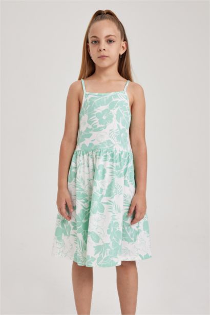 Desenli Pamuklu Askılı Elbise Kız Çocuk