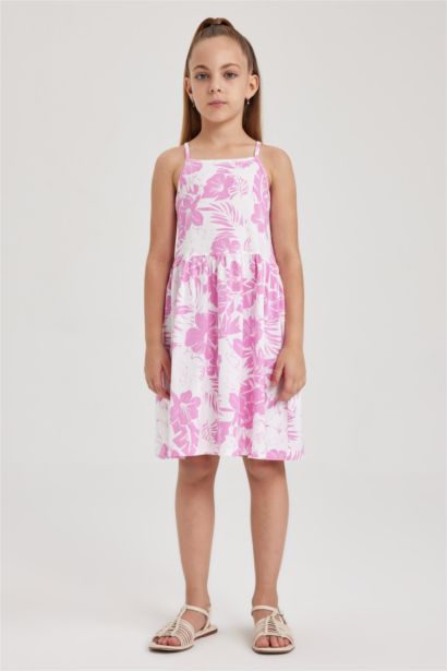 Desenli Pamuklu Askılı Elbise Kız Çocuk