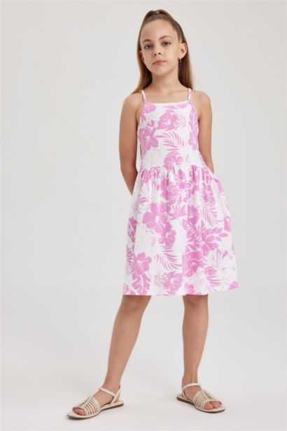Desenli Pamuklu Askılı Elbise Kız Çocuk