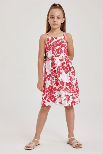 Desenli Pamuklu Askılı Elbise Kız Çocuk