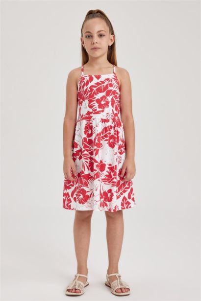 Desenli Pamuklu Askılı Elbise Kız Çocuk