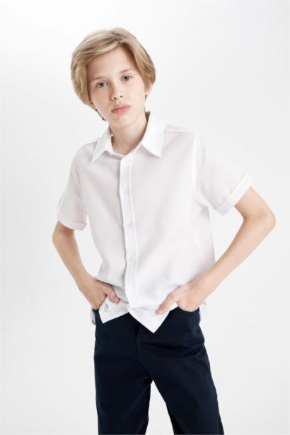 Boy Textured White Short Sleeve School Shirt