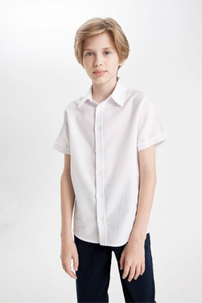 Boy Textured White Short Sleeve School Shirt