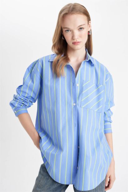 Chemise À Manches Longues En Tricot Popeline Rayée Col De Chemise