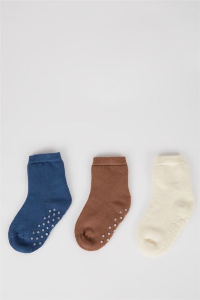 Kaydırmaz Taban 3'lü Pamuklu Uzun Çorap Erkek Bebek