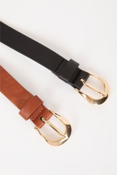 Woman Oval Buckle Faux Leather Dual