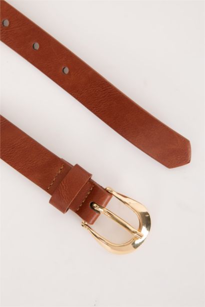 Woman Oval Buckle Faux Leather Dual