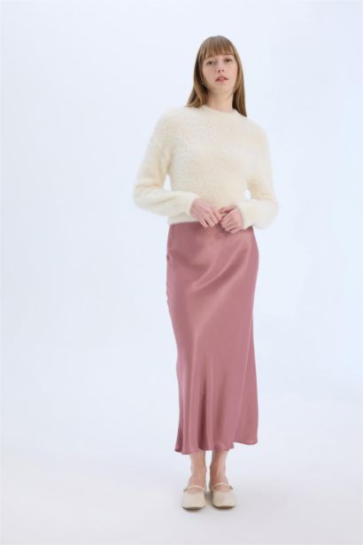 A Cut Satin Normal Waist Midi Skirt